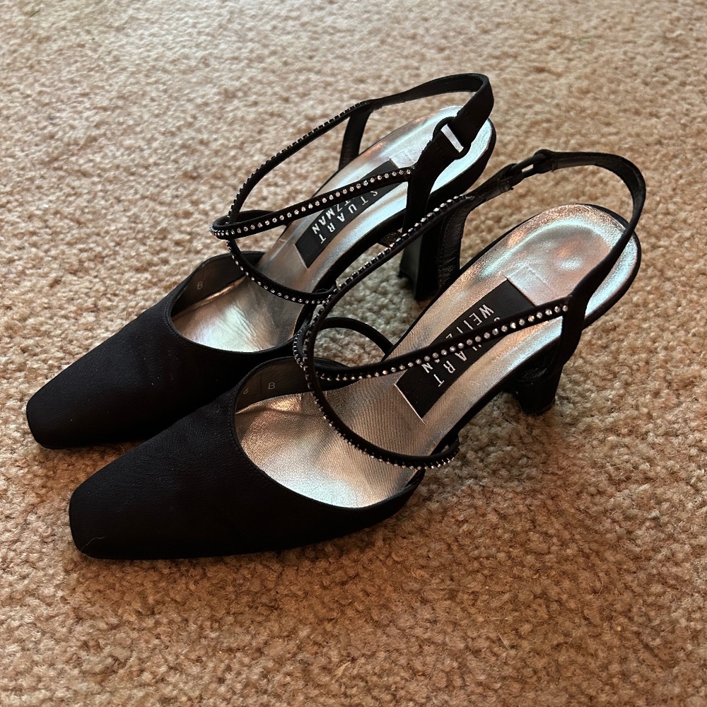 Stuart Weitzman Black Point Toe Sling Back Pumps With Rhinestone Straps Size 6